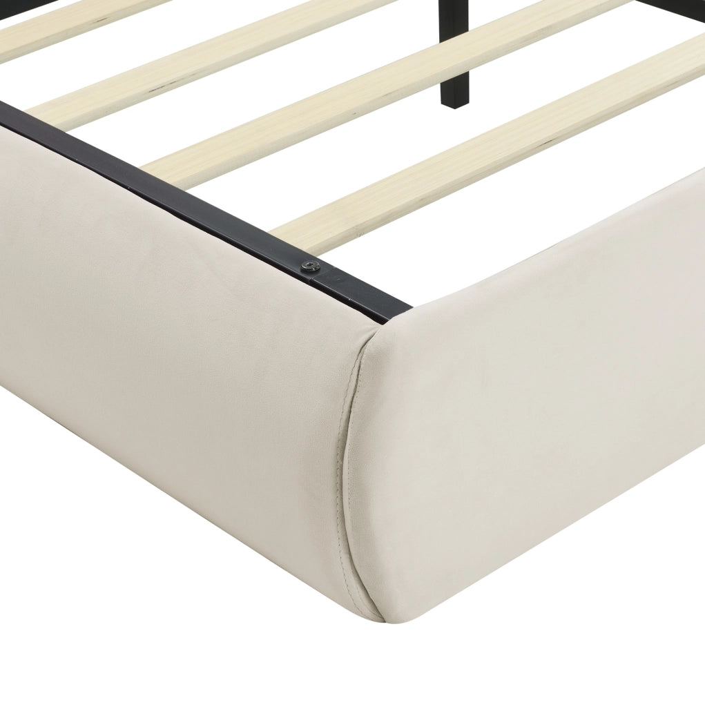 Letto imbottito 140x200 cm con contenitore e LED in velluto beige