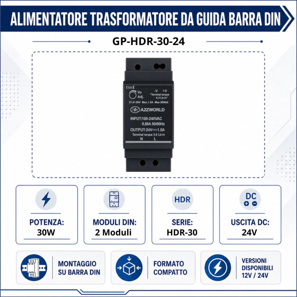 Alimentatore Trasformatore Da Guida Barra DIN 30W, 2 Moduli, Serie HDR-30, Disponibili DC 12V 24V (DC 24V)