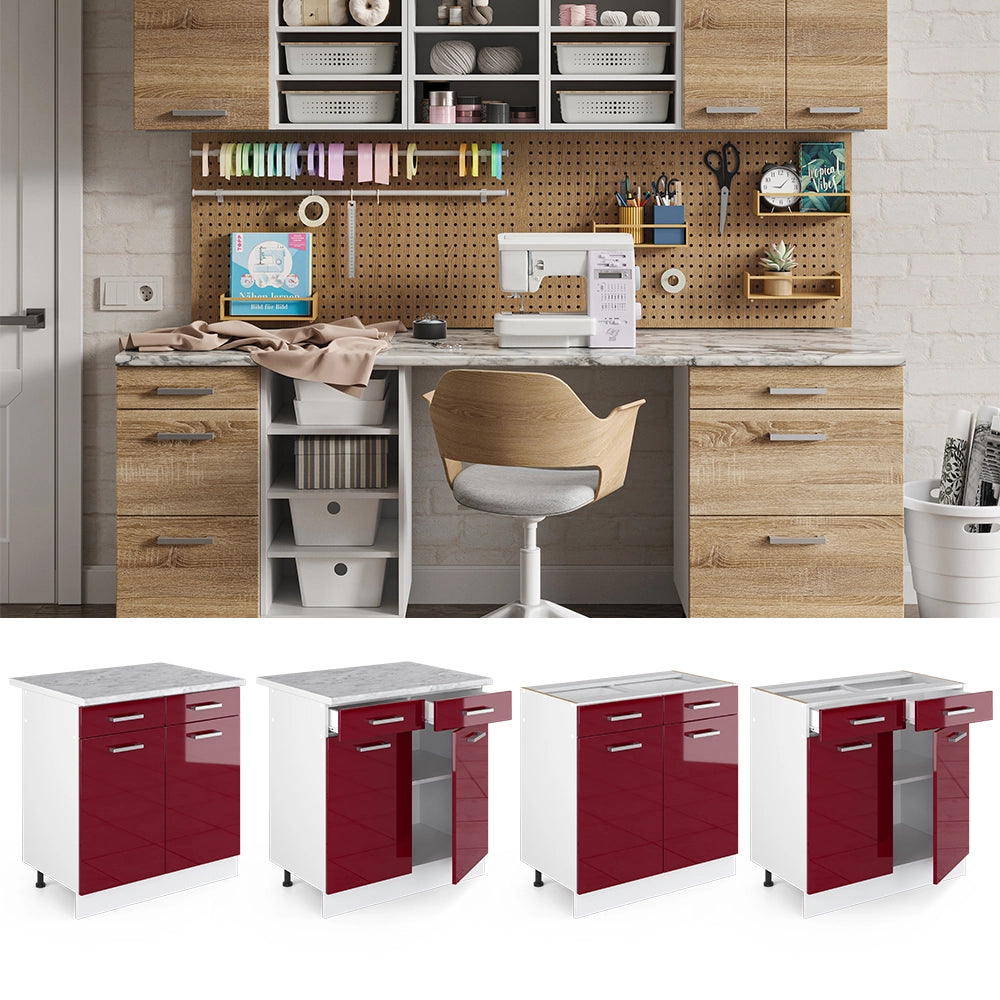 Vicco Base universale Rosso bordeaux lucido 80 cm con cassetti e ante, con piano di lavoro