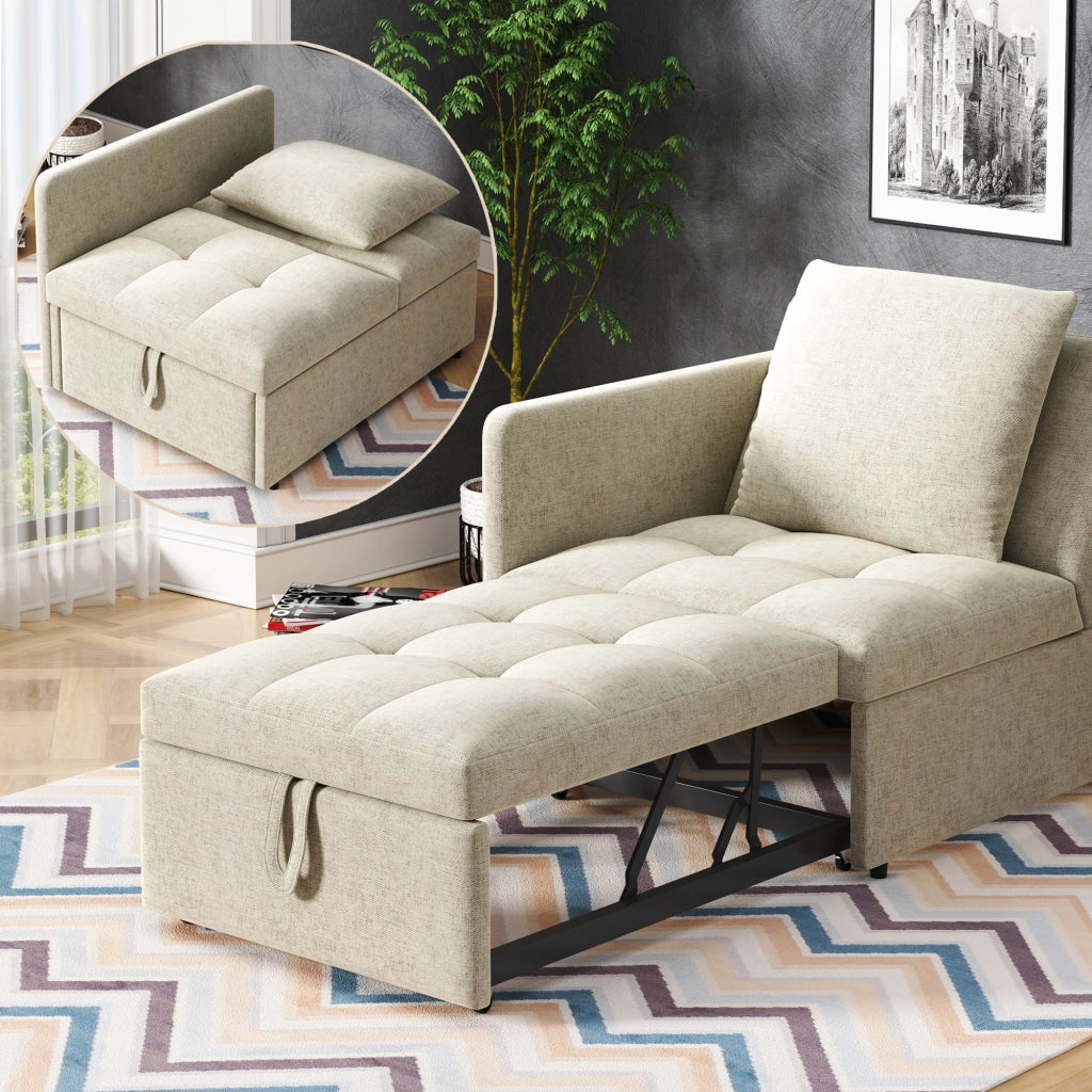 Divano Letto 3 In 1 con Schienale Regolabile 5 Posizioni e Cuscino Salvaspazio Imbottito Beige