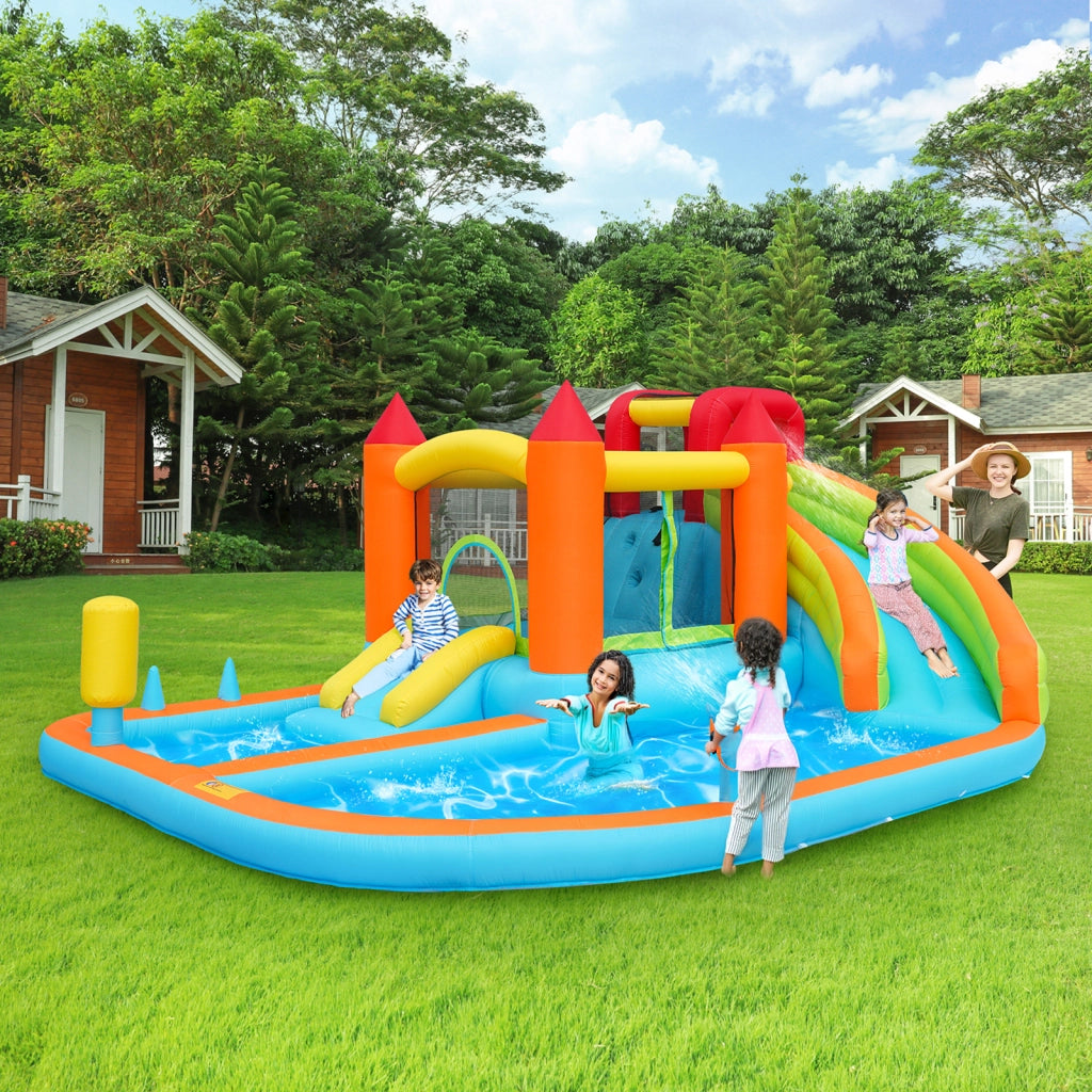 Castello gonfiabile multifunzione per esterni con scivolo, trampolino, canestro e soffiatore 450 W arancione