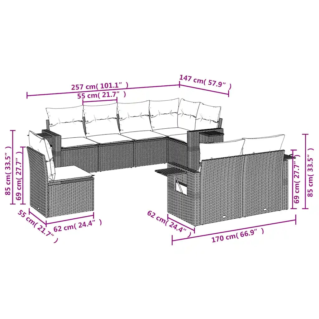 Set Divani da Giardino 8 pz con Cuscini Nero in Polyrattan 3220436