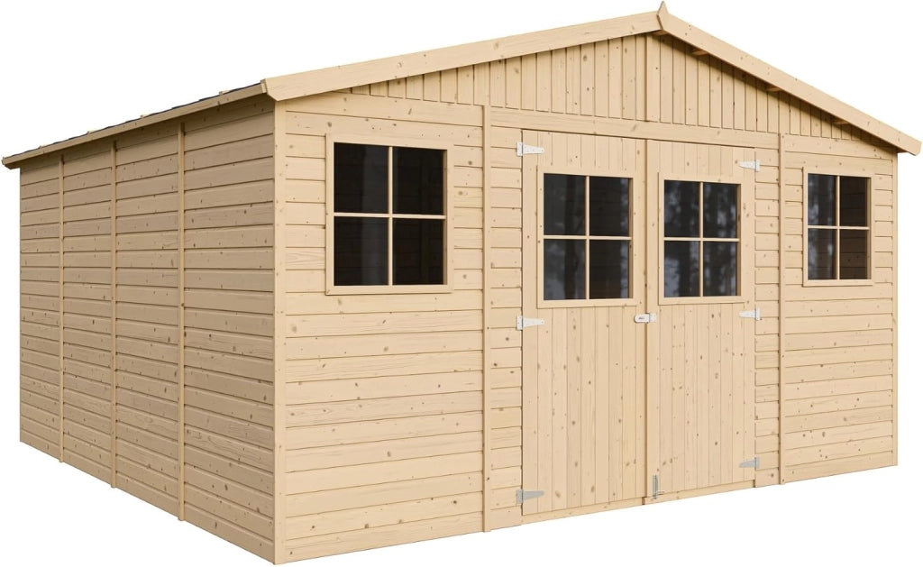 Casa da giardino in legno naturale Timbela M330+M330G CON PAVIMENTO IMPREGNATO H246x418x420 cm/16 m?²-