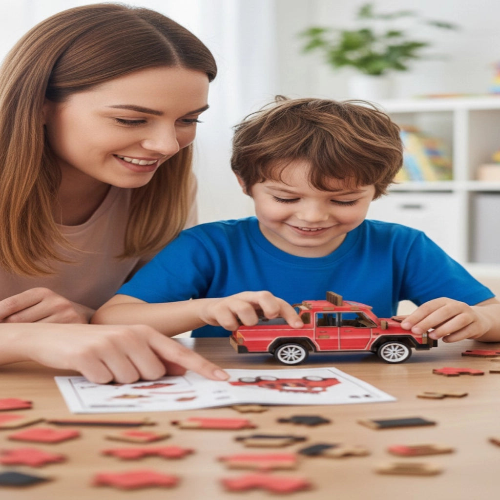 PUZZLE 3D PICKUP ROSSO AUTO LEGNO GIOCO COSTRUZIONI BAMBINI MODELLISMO 32382