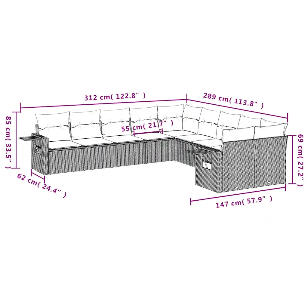 Set Divani da Giardino 10 pz con Cuscini Marrone in Polyrattan 3220713