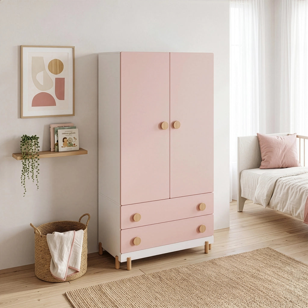 Armadio per Cameretta Vaarentaa a 2 Ante con 2 Cassetti 156x80x41 cm - Bianco/Rosa [en.casa]