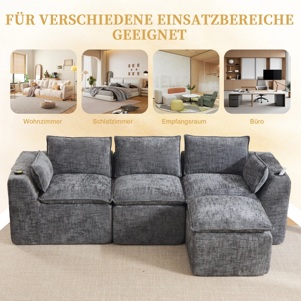 Divano modulare 3 posti con tasche laterali e cuscini - in chenille grigio scuro