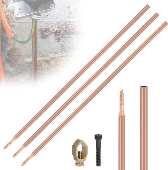 Set di 3 punte di acciaio di carbonio Ø 17,2 mm con rivestimento di rame rosso, inclusi viti e bulloni di fissaggio - 1 m di lunghezza ciascuno (totale 3 m)