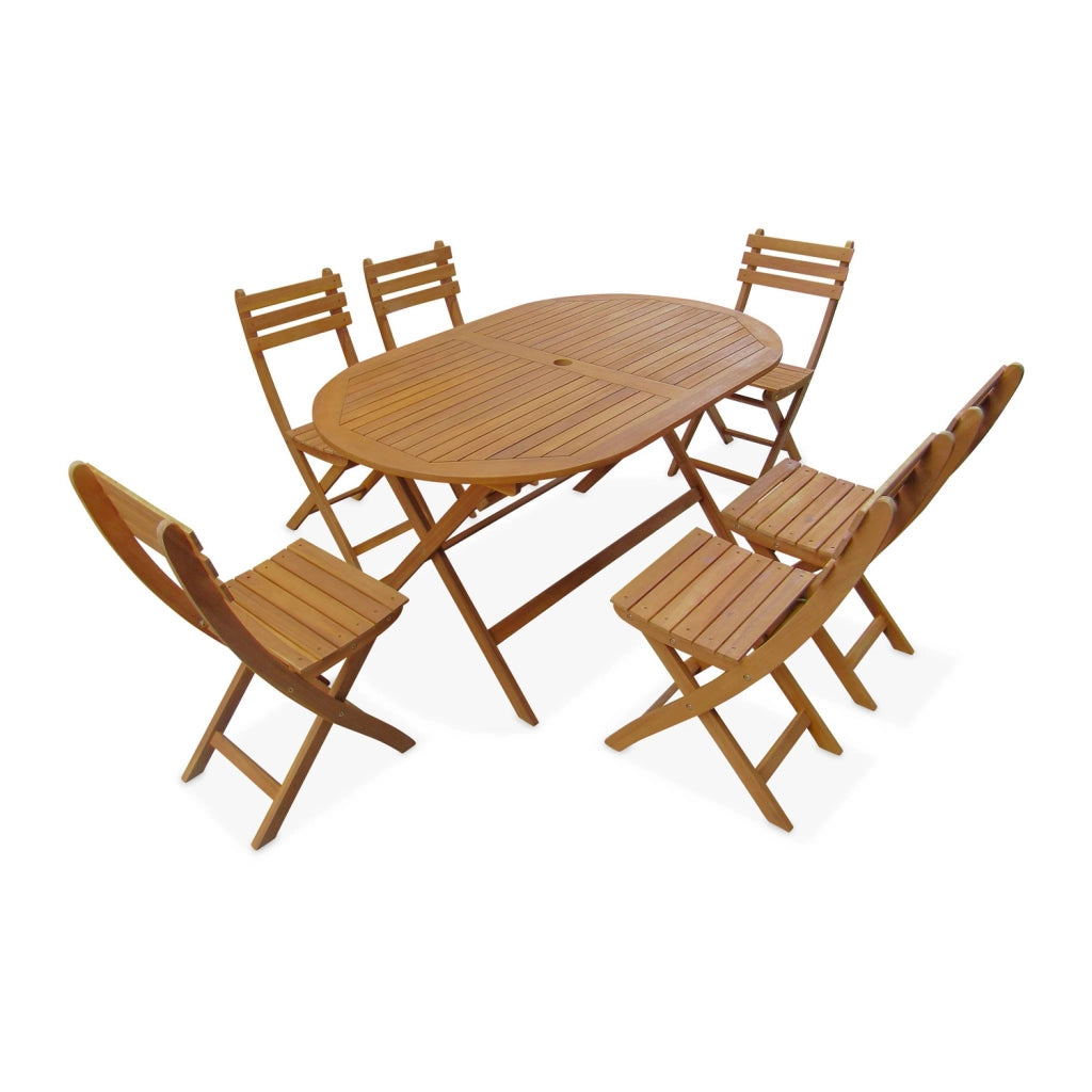 Set tavolo da giardino ovale in legno con 6 sedie, marrone naturale