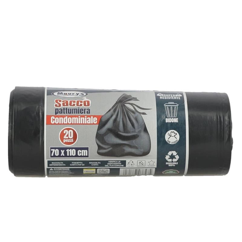 MAURY'S SACCHI PER PATTUMIERA CONDOMINIALE CONFEZIONE DA 20 PEZZI IN COLORE NERO CON LACI 100% RICICLABILE 70X110 CM