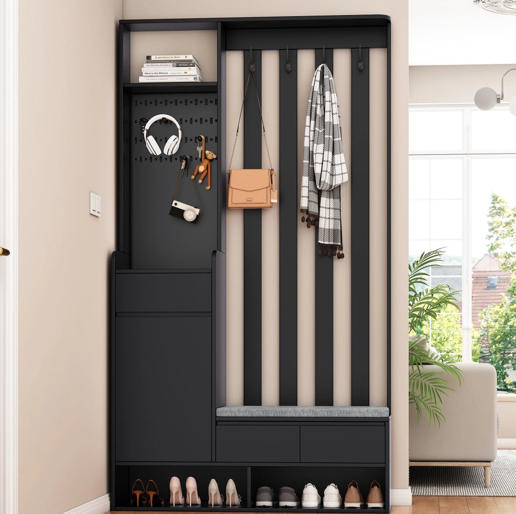 Appendiabiti da ingresso multifunzione con panca; pannello forato; 4 ganci e cassetto; nero; H180xL100xP35 cm