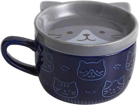 Tazza Caffè Ceramica - Gatto Sorridente - Cappuccino con Piatto - 330 ml - Tazza Avena Colazione - Bicchiere Latte Creativo - Ideale per Regali - Blu.