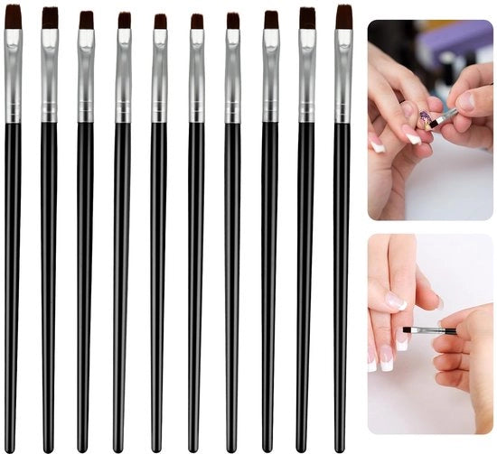 Set di pennelli per nail art 10 pezzi - Attrezzatura professionale - Setole in nylon nylon morbido - Manico ergonomico - Testa piatta - Per l'arte del self nail - Pennelli per nail art