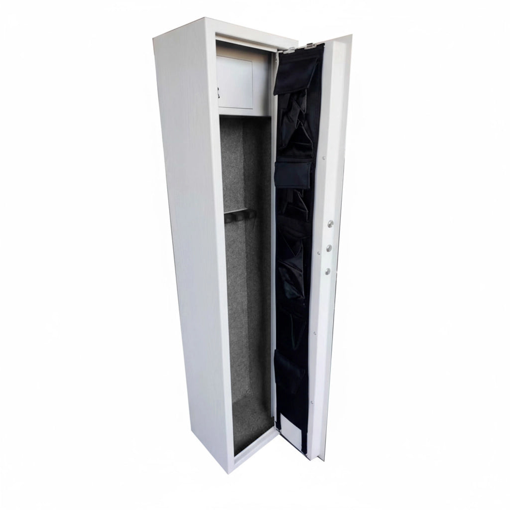 Armadio Blindato Portafucili In Acciaio Per Armi Con Tesoretto Serratura Digitale E Chiave Tasca Porta Oggetti Cassaforte Sicura 145 X 25 X 20 Cm 2 Posti Bianco Frassinato