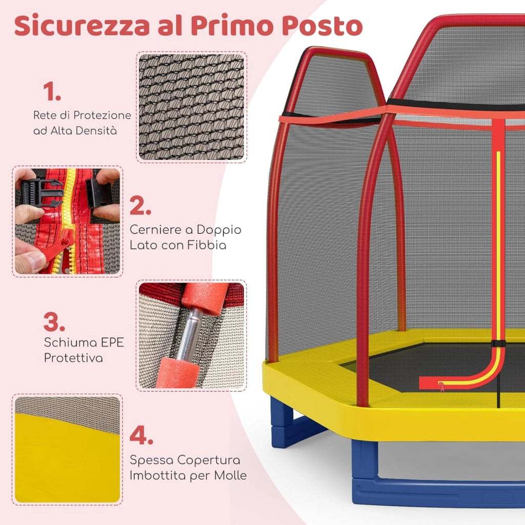 Trampolino Elastico per Bambini 223 cm, Tappeto Elastico per Bambini da Esterno ed Interno con Rete e Cuscinetto a Molle, Portata150 kg, Adatto ai Bambini 3+ Anni