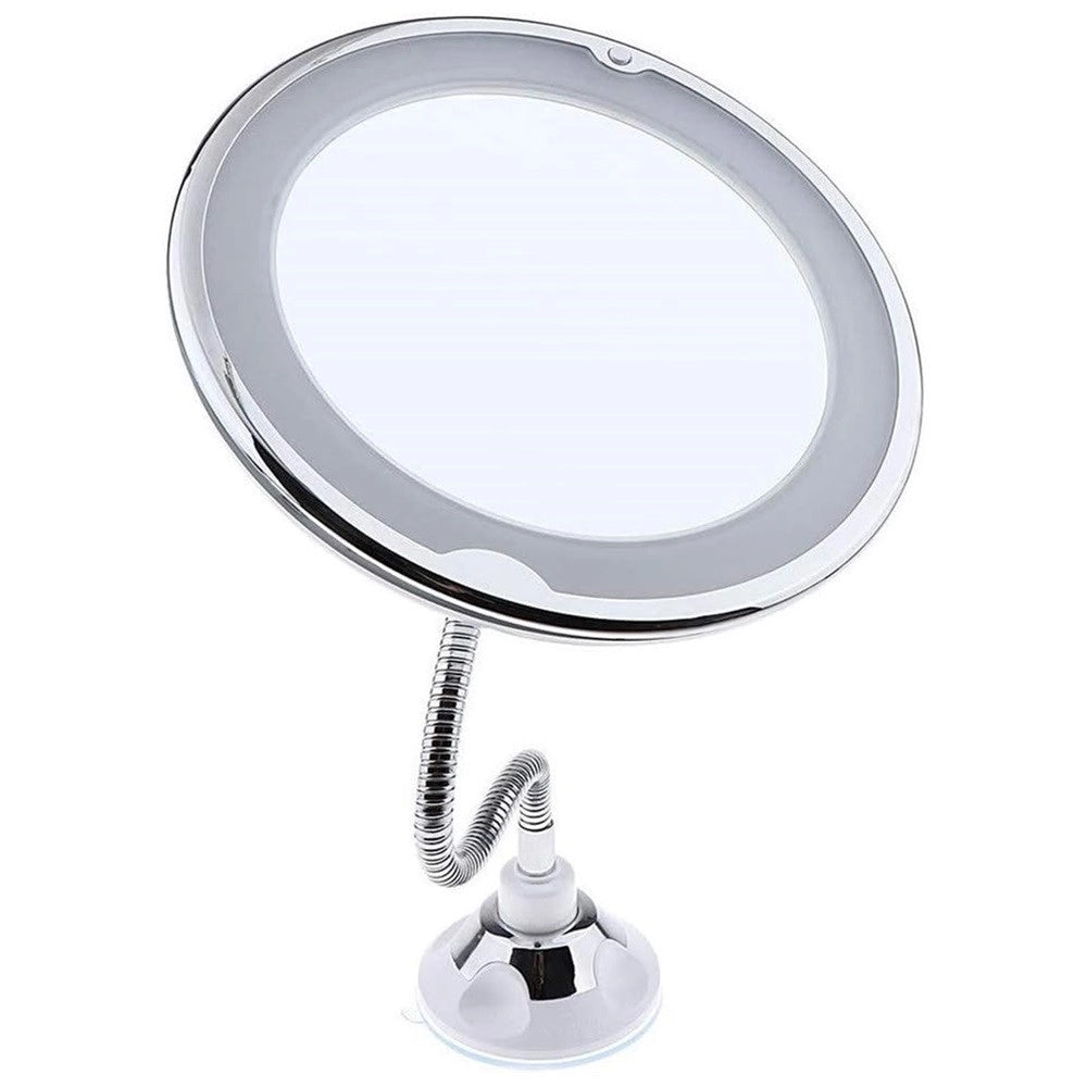 Trade Shop - Specchio Per Trucco Ingrandimento 10x Led Rotazione A 360° Ventosa Tubo Metallo Rotondo -