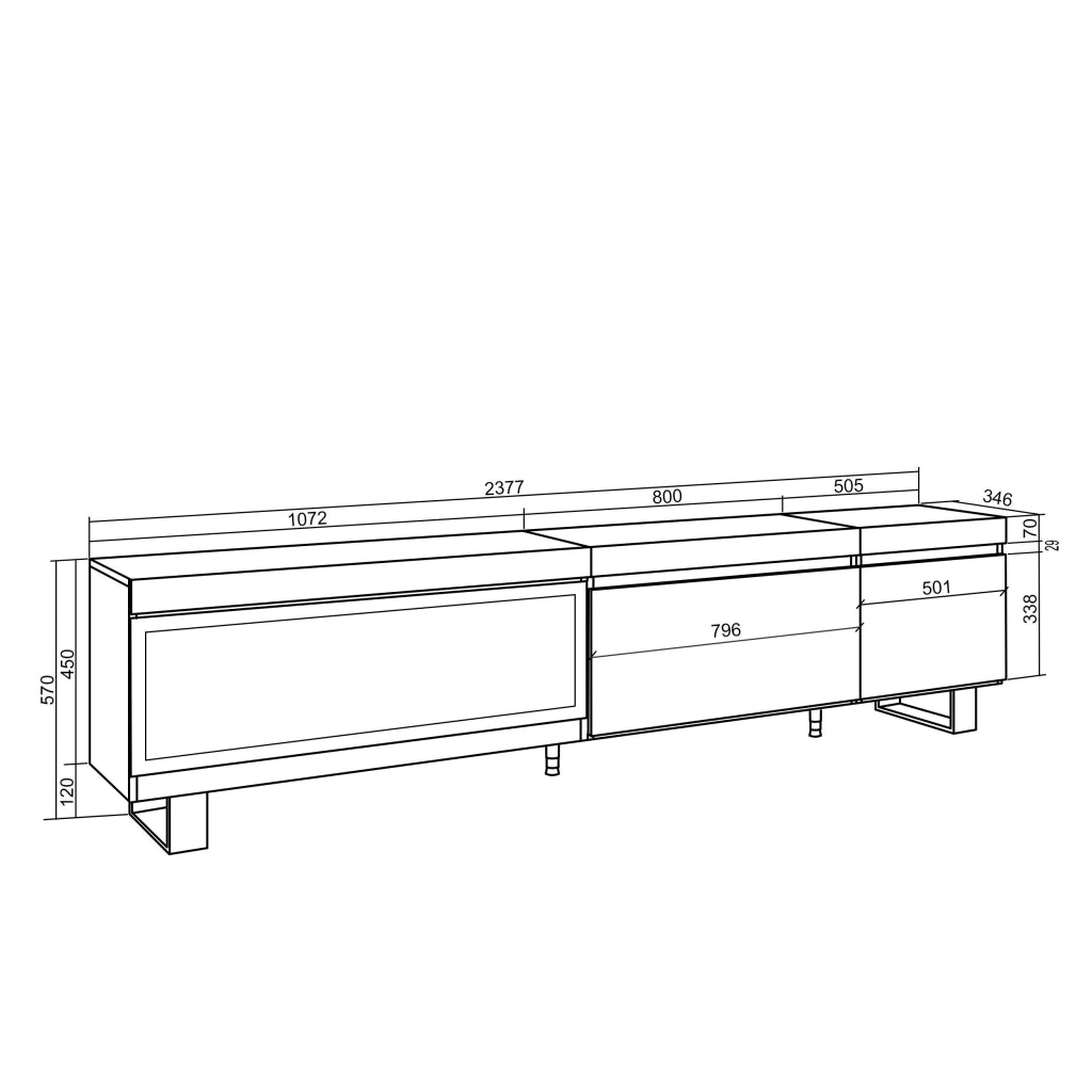 Mobile TV Soggiorno, 237x35x57cm, TV di grande formato, Camino elettrico XXL, Design industriale, colore Rovere RF3592