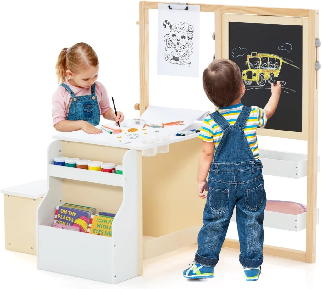 Set 3 in 1 Tavolo e Sedie per Bambini 3+ Anni, Tavolo in Legno Sicuro con Lavagna Cancellabile, Magnetica, Cavalletto Regolabile, Libreria e Accessori Artistici, Ideale per Disegno (Bianco)