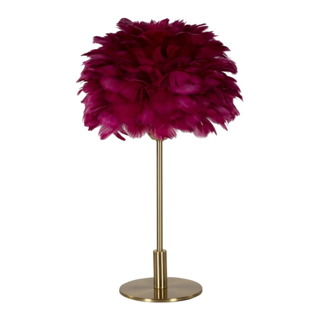 Lampada da tavolo Ball Feather Bordeaux con sfera di piume e stelo oro