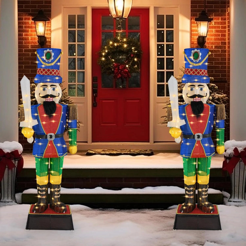 Soldato di Natale Illuminato 184 cm, Soldatino Schiaccianoci Illuminato con 110 Luci LED, Fascette e Base, Decorazioni Natalizie per Interno ed Esterno (2 Pezzi)