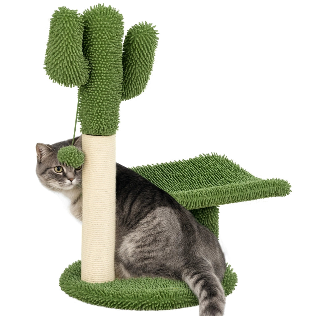EasyComfort Albero per Gatti a forma di Cactus con Tiragraffi e Pallina da Gioco, 35x31x55.5 cm, Verde e Bianco