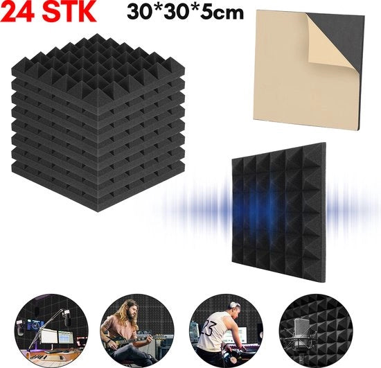 Pannelli Acustici – 30x30x5cm – Autoadesivi – 24 pezzi Isolamento Acustico – Demoltiplicatore di Suono – Pannelli di Spugna Acustica per Parete