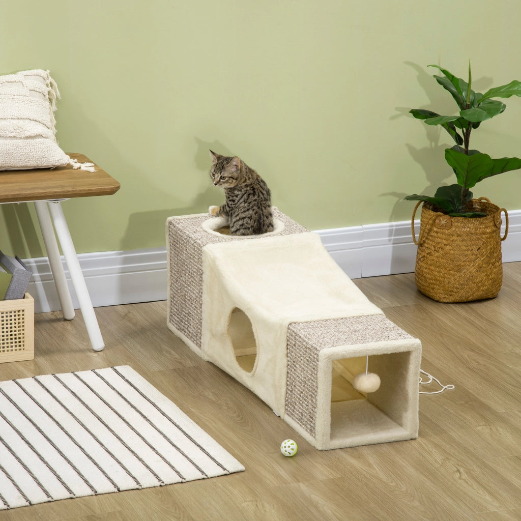 Tunnel per gatti con pallina, giocattolo per gatti, tunnel gioco in sisal, marrone+beige, 98x30x30 cm