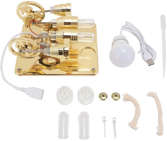 Motore Stirling Miniatore - 4 Cilindri - Legno/Alluminio - Modello Educativo - Generatore di Corrente - Base DIY