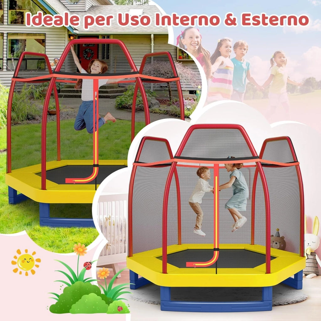 Trampolino Elastico per Bambini 223 cm, Tappeto Elastico per Bambini da Esterno ed Interno con Rete e Cuscinetto a Molle, Portata150 kg, Adatto ai Bambini 3+ Anni