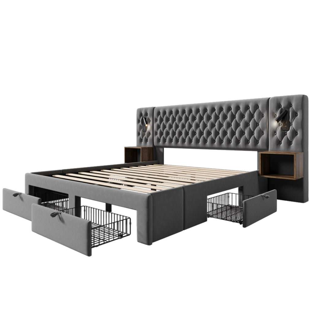 Letto 160x200 cm con 2 comodini; 4 cassetti e USB; velluto grigio
