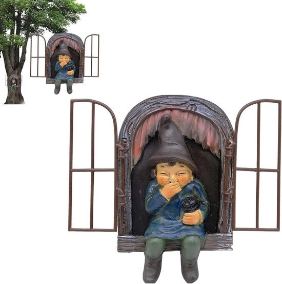 Decorazione per giardino elfo Out The Door Tree Hugger scultura 3D in resina vintage segreto dei fiabelli casa per piante per terrazza prato tronco d'albero