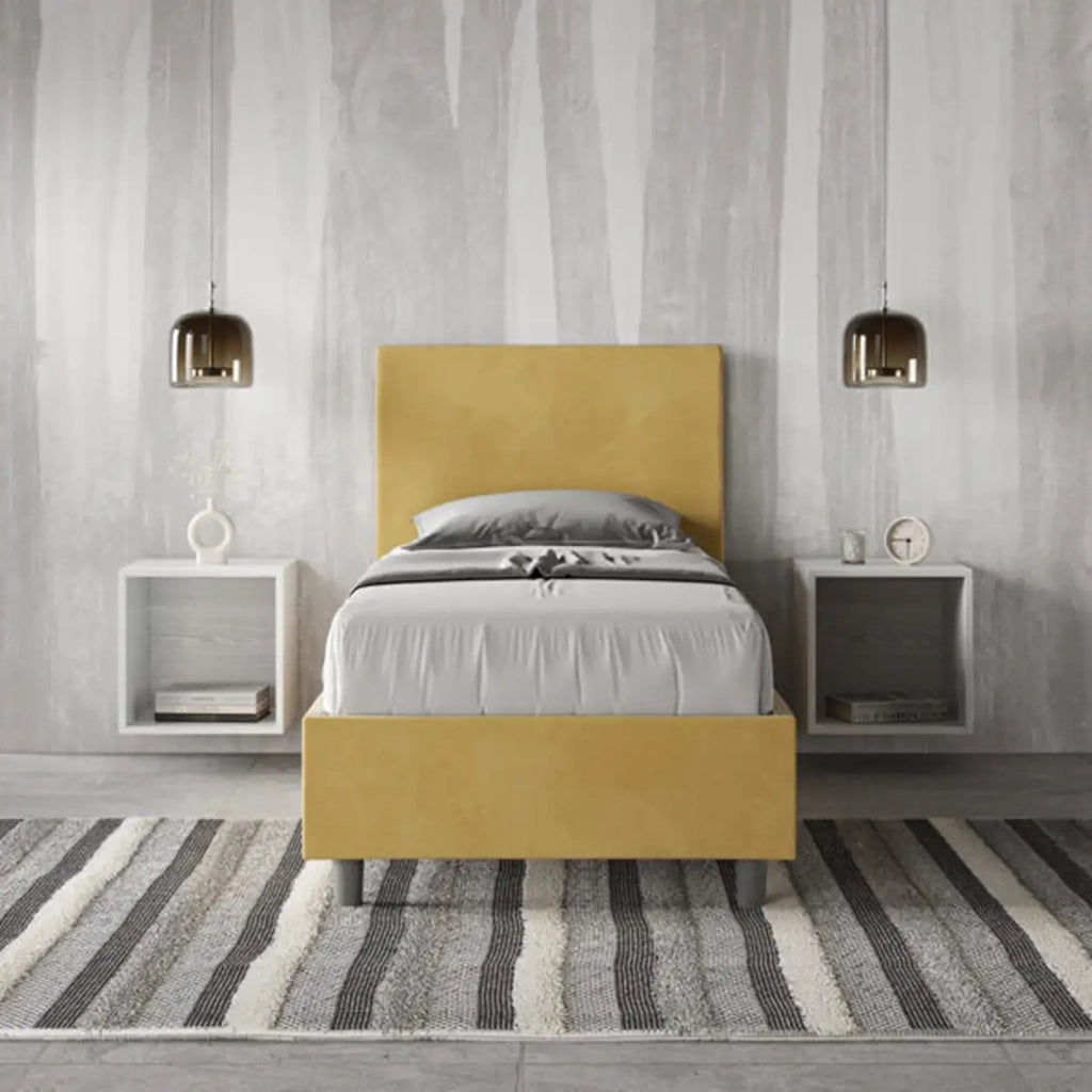 Letto singolo con rete imbottito 80x190 microfibra ocra Adele