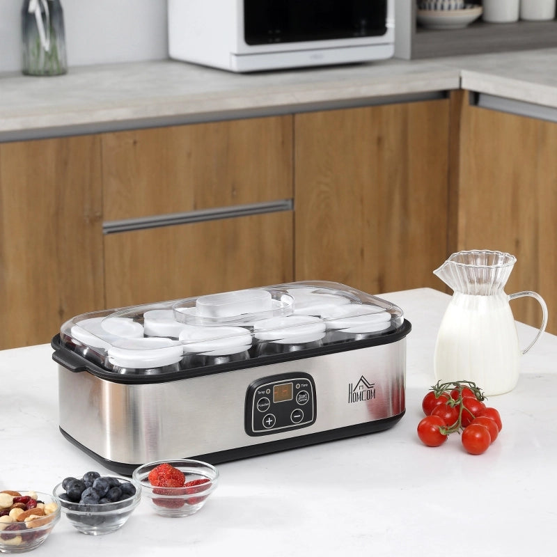 Yogurtiera greca con coperchio, 8 contenitori interni in vetro senza BPA (180 ml ciascuno), con display LCD e timer, per preparare fino a 1,4 litri