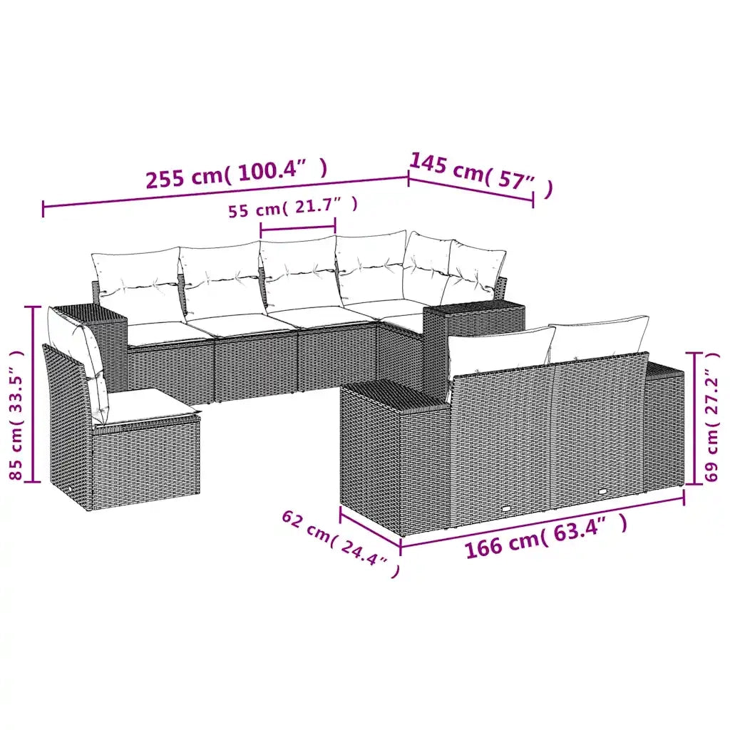 Set Divani da Giardino 8 pz con Cuscini Nero in Polyrattan 3222836