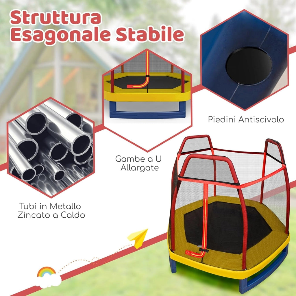 Trampolino Elastico per Bambini 223 cm, Tappeto Elastico per Bambini da Esterno ed Interno con Rete e Cuscinetto a Molle, Portata150 kg, Adatto ai Bambini 3+ Anni
