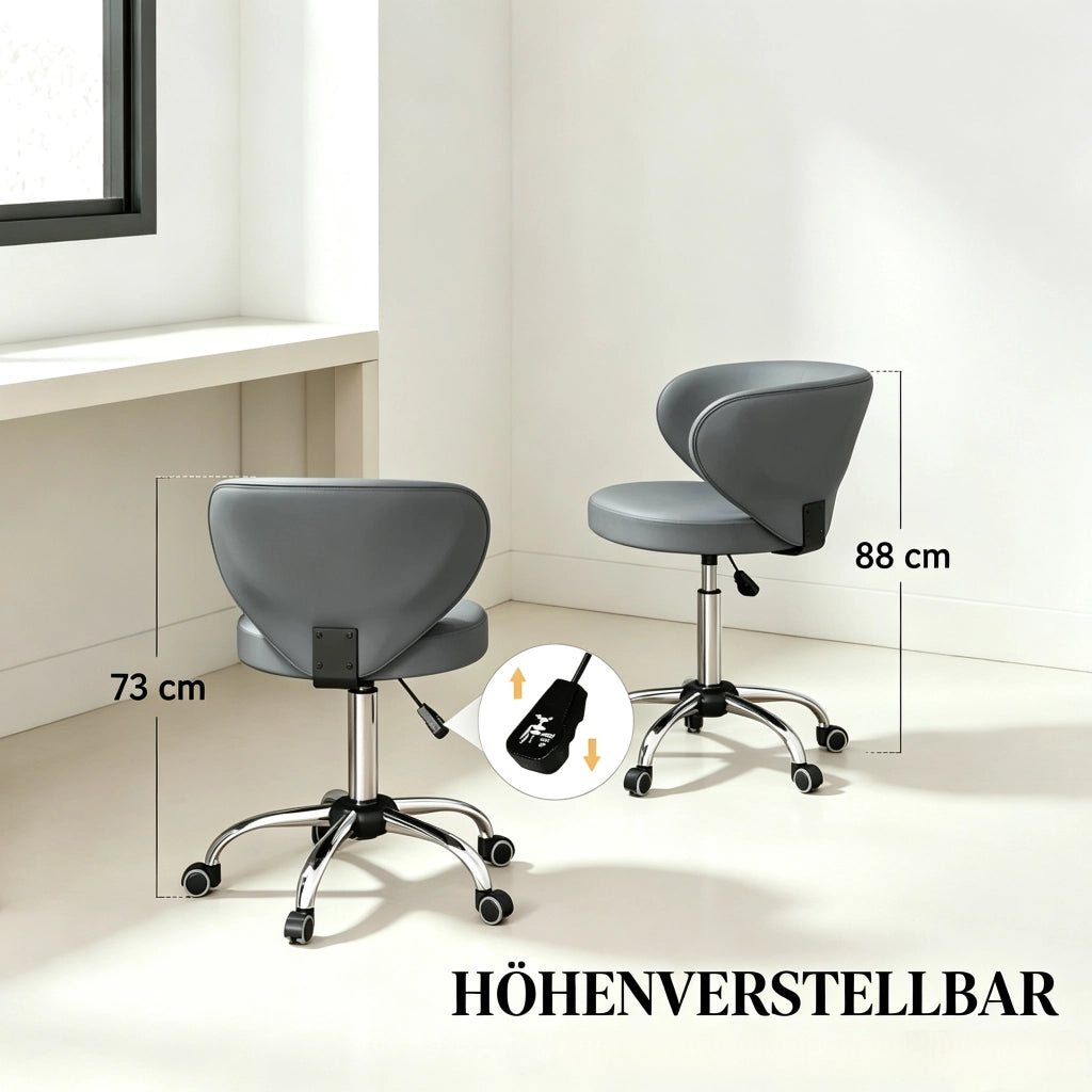 Sgabello da ufficio girevole a 360° con schienale in PU grigio regolabile in altezza 73-88 × 54 × 45 cm