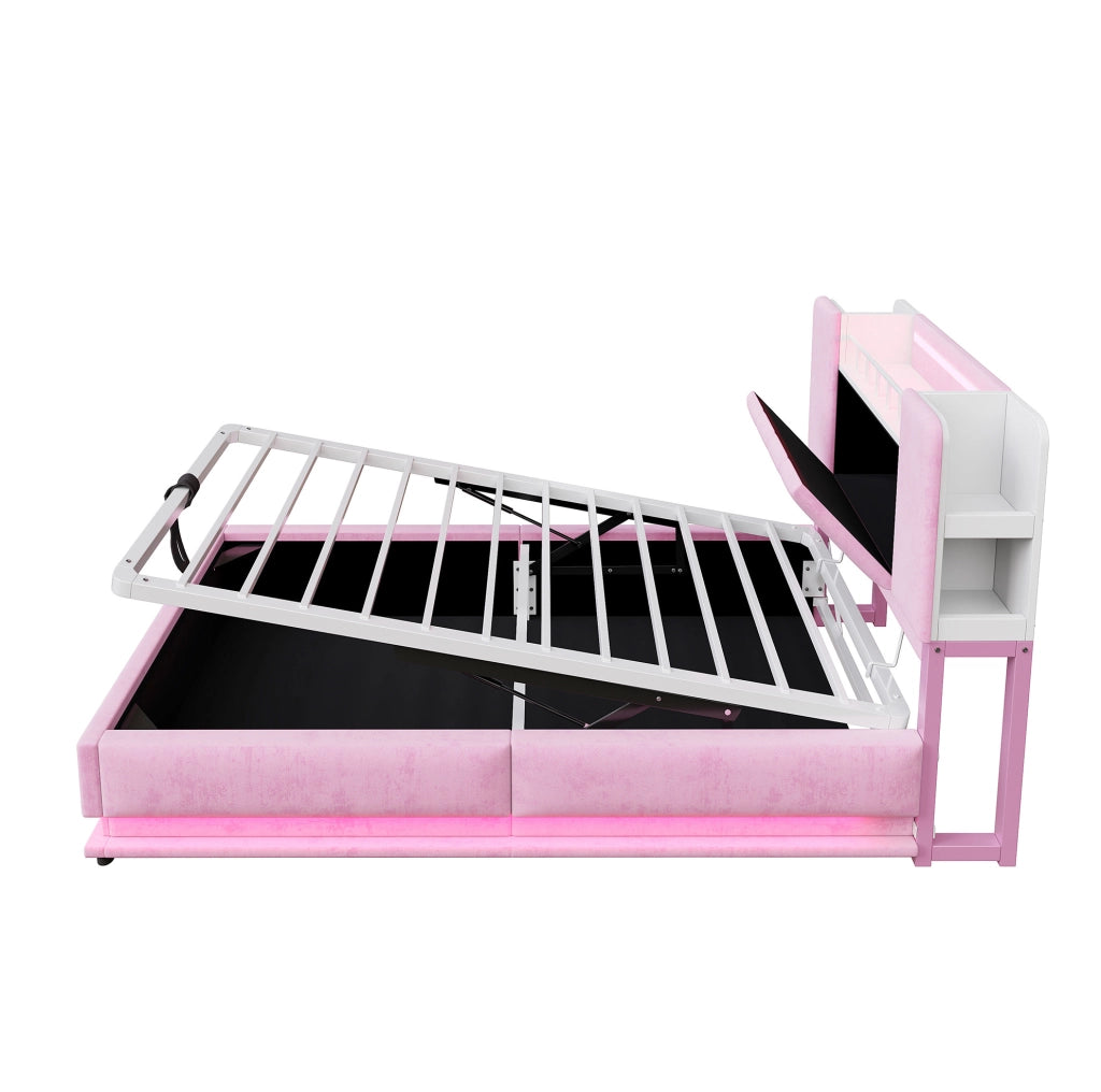 Letto imbottito 90x200 cm con LED; USB e contenitore in velluto rosa