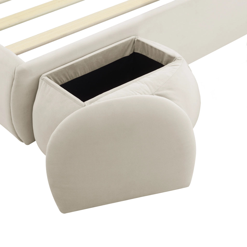 Letto imbottito 140x200 cm con contenitore e LED in velluto beige
