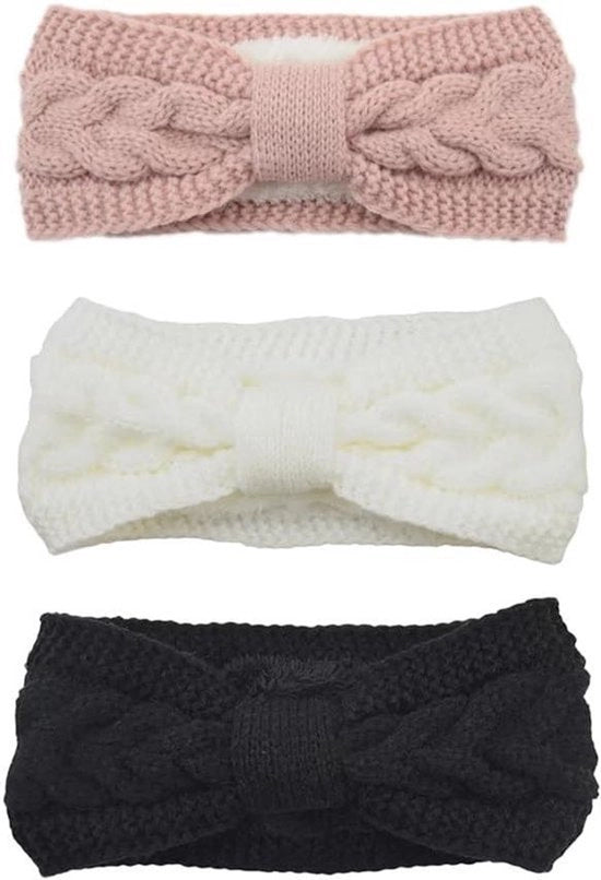 Oorwarmers per donna - Inverno - Cintura per capelli - Flessibile - Fiocchetto - 3 pezzi - Tessuto - Spessore aumentato - Ideali per lo sci - Corsa - Attività all'aperto - Adatti per giornate fredde - Nero