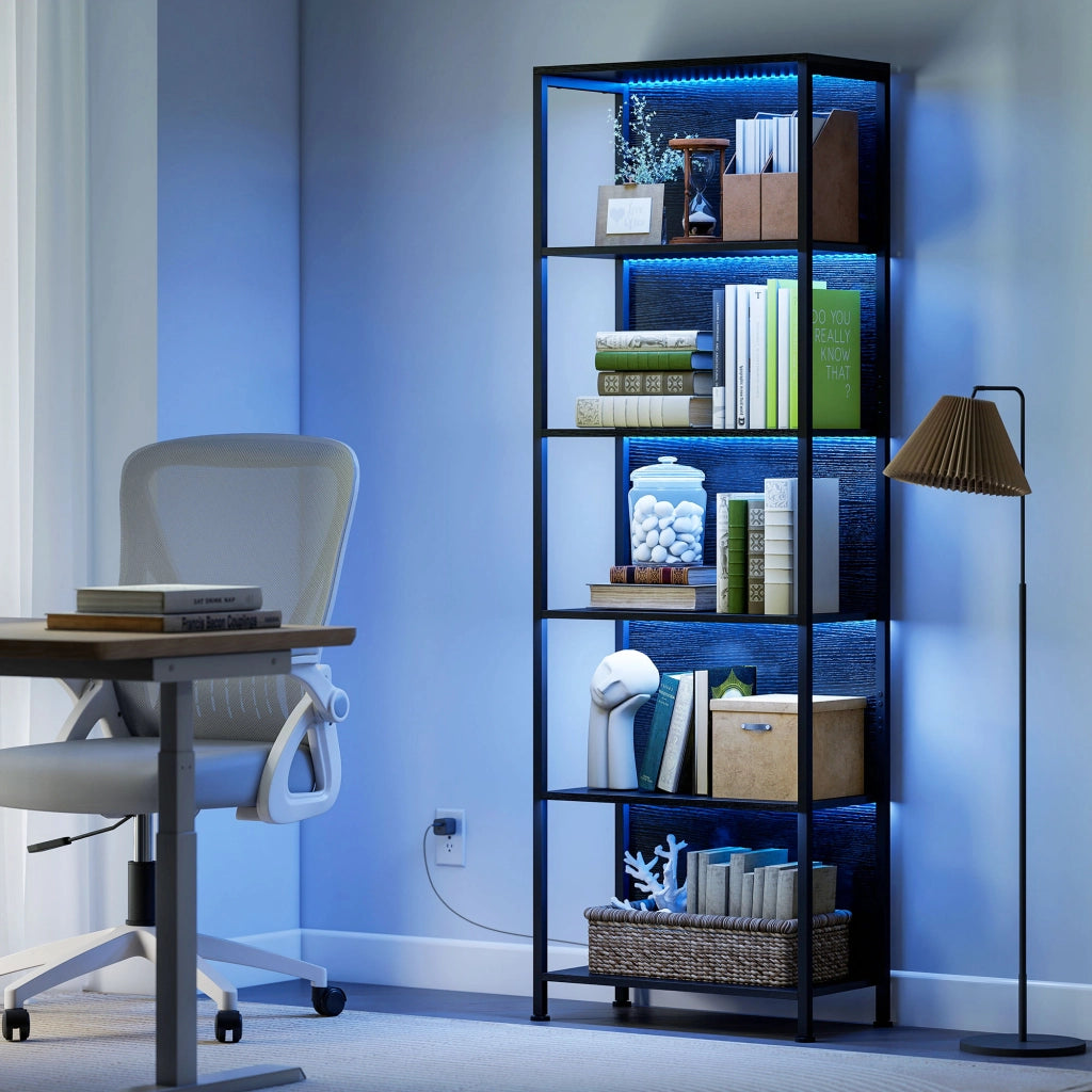 Libreria 5 Livelli con Luci LED ¨C Minimal ¨C Nero 60x30x179 cm