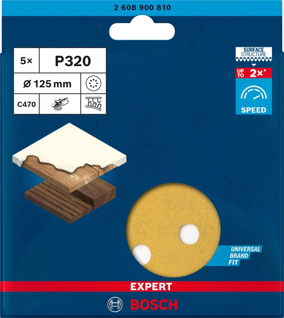 2608900810 - KIT 5 FOGLI BOSCH D.125mm P.320 8 FORI , EXPERT for LEGNO+VERNICE