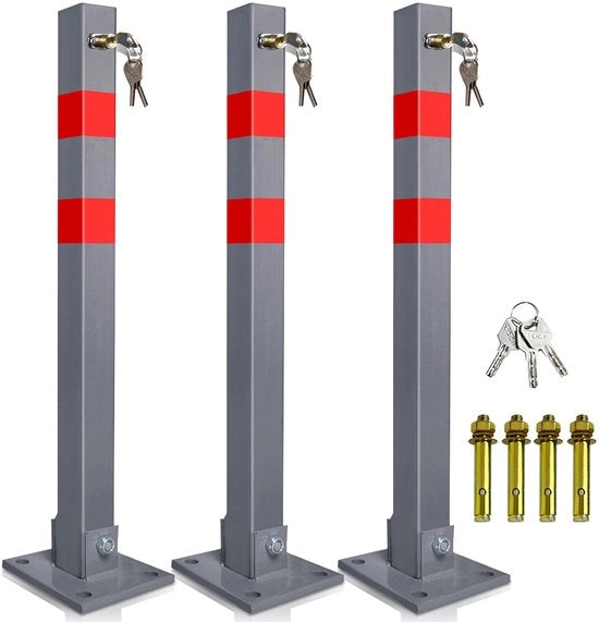Posti di Parcheggio Inclinabili - Barriera di Parcheggio - Sicurezza dei Veicoli - Acciaio Robusto Incluso 3 Chiavi - Set da 3 - Colore di Segnalazione