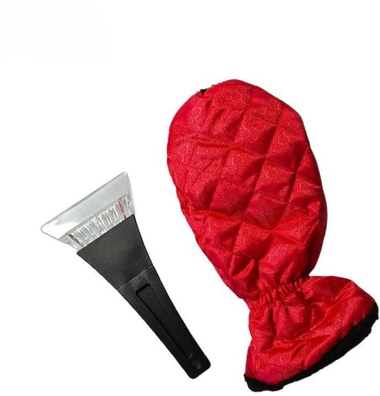 Verricchiatore per parabrezza con raschiatore, imbottitura riscaldabile e cinturino elastico integrato; adatto per vetri e portiere di auto. Colore rosso.