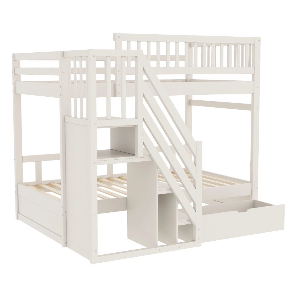 Letto a Castello 2 Posti con Scala Contenitore; Cassetto e Sponda Alta; 90 x 200 cm; senza Materasso; Bianco