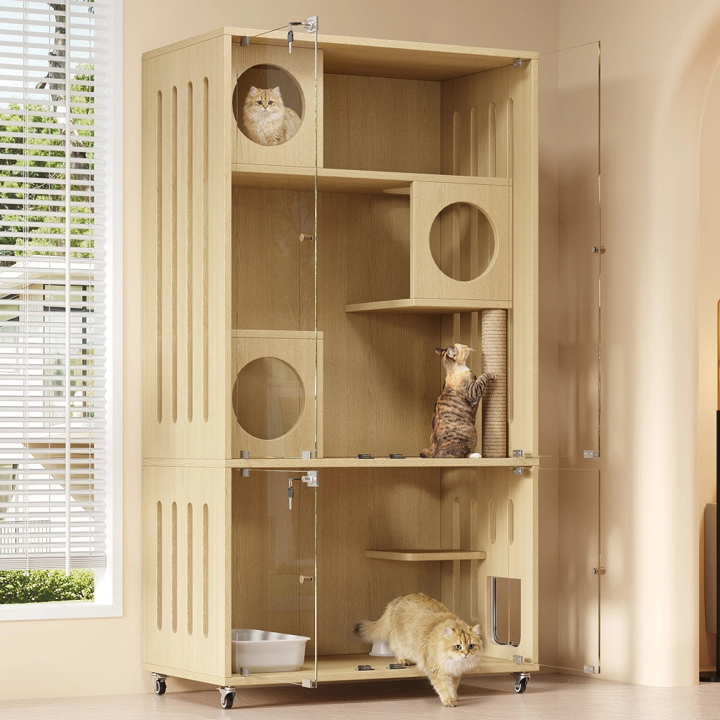 Mobile contenitore per gatti con serratura a chiave, 3 livelli, sportello a 4 modalità e ruote, naturale, 90 × 50 × 166 cm