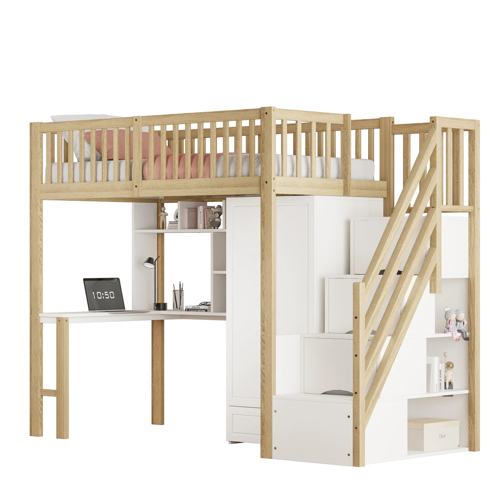 Letto a soppalco; letto singolo con armadio; scrivania; scaffale e scala con cassetti; 90 x 200 cm; senza materasso