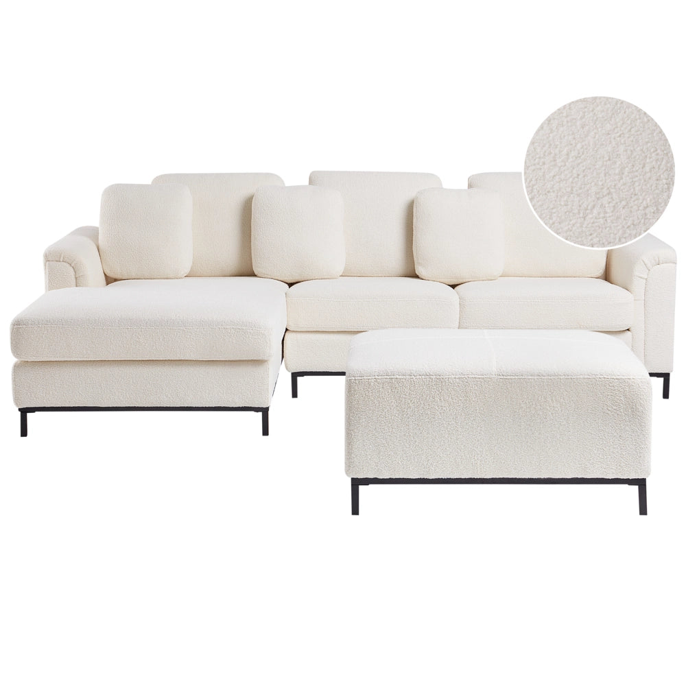 Divano angolare in tessuto bouclè bianco 5 posti versione destra forma a L con pouf