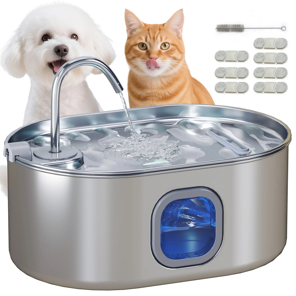 EasyComfort Fontanella per Gatto da 7L con Luce LED e Spazzola, in Acciaio Inox 304, 32x22.1x22.3 cm, Argento