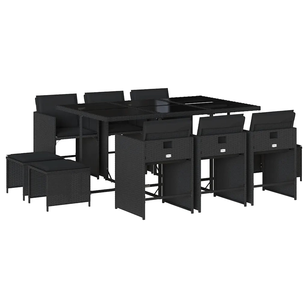 Set da Pranzo da Giardino 11 pz con Cuscini in Polyrattan Nero