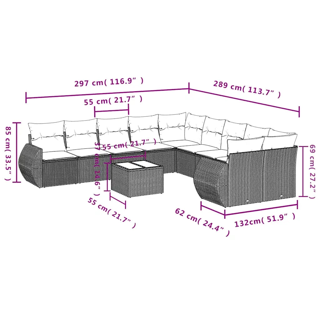 Set Divani da Giardino 11 pz con Cuscini Polyrattan Marrone 3254260
